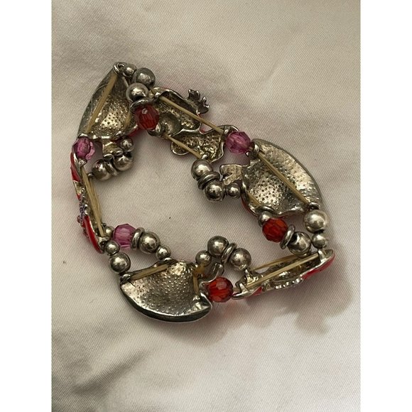 Vintage Silver Tone/Red/Purple Enamel Rhinestone Hat Charm/Bead Stretch Bracelet - Picture 12 of 12